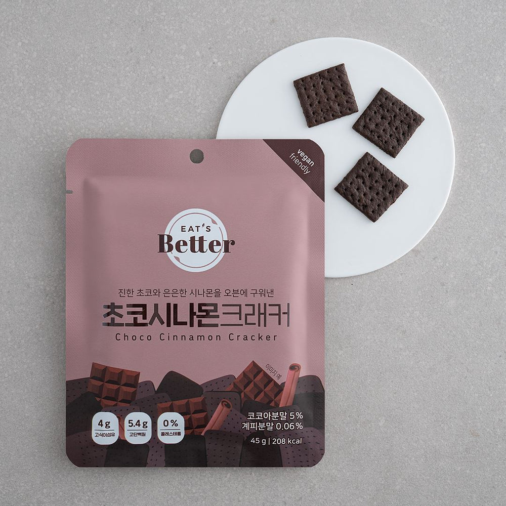 Eat's Better Choco Cinnamon Cracker Vegan-Certified Healthy Snack for Diet displayed on grey background and white circular dish